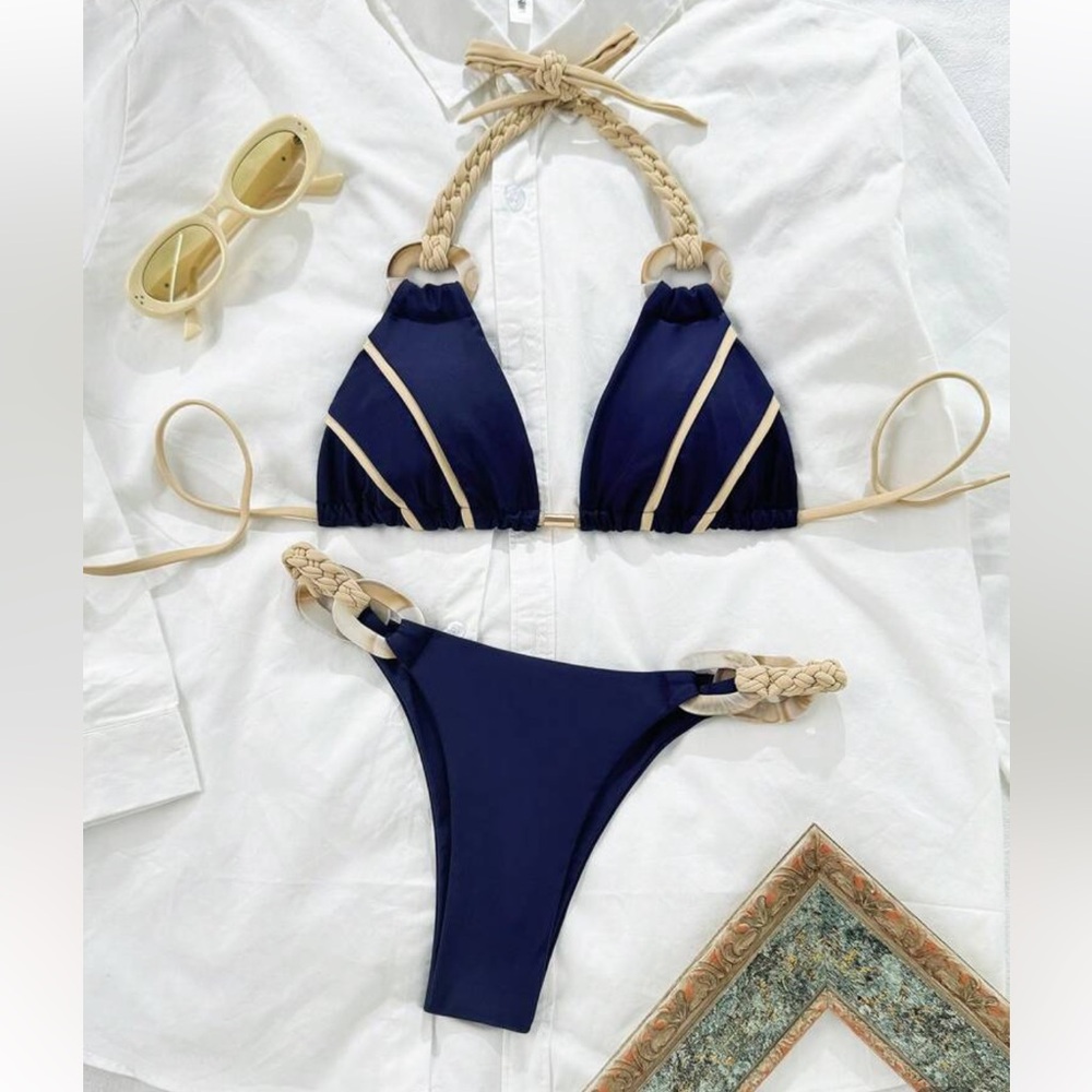 Navy Blue Braided Strap Triangle Bikini